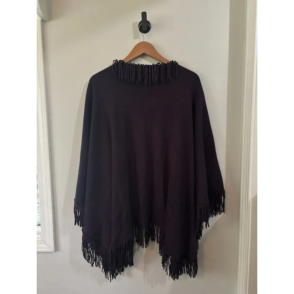 COLDWATER CREEK Knit Shawl Womens Dark Purple Fringe Sweater Wrap One Size